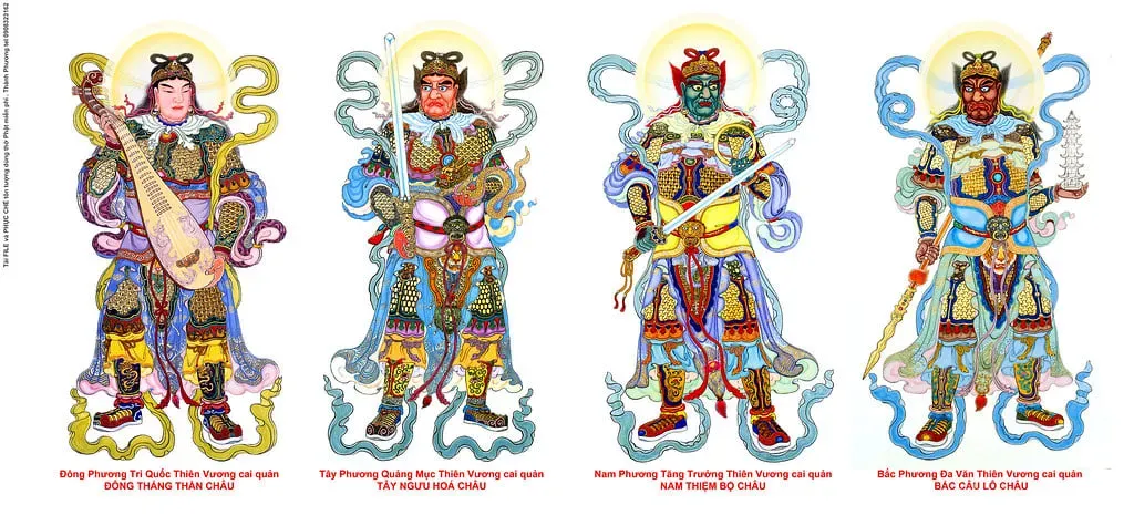 Các vị Thiên Vương trong Phật giáo mang những biểu tượng khác nhau tượng trưng cho vai trò của họ