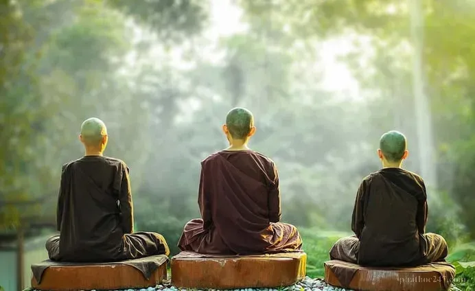 Cảnh đông nước ở một ngôi chùa khi bình minh vừa lên, không khí vắng vẻ yên bình