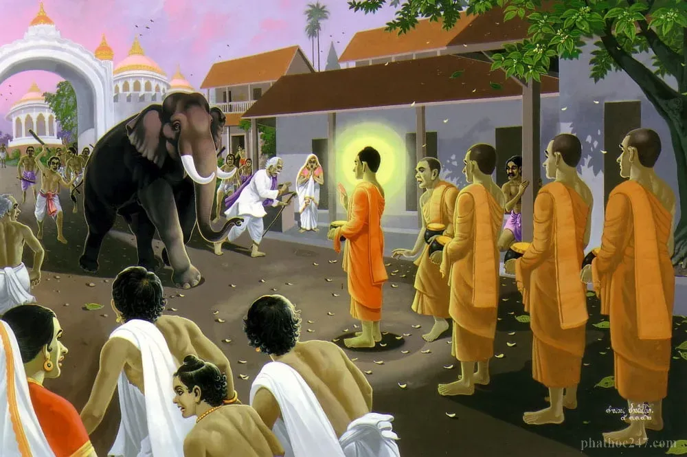 Đức Phật đứng yên tĩnh trong vòng vây của con voi dữ, toát ra ánh sáng từ bi
