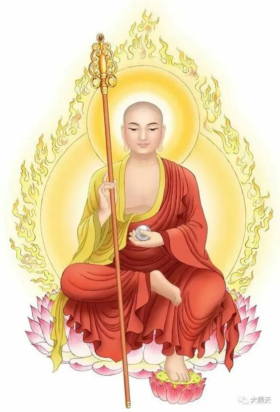 Tạng Bồ-tát với tích trường và hạt châu Như Ý biểu tượng trí tuệ và từ bi